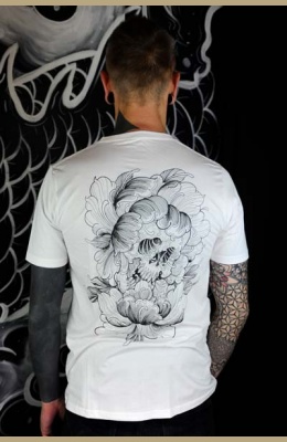 TS-FLO-BLANC Tattoo-on-move T-shirt Flower-Skull Tattooed-body-is-beautifful