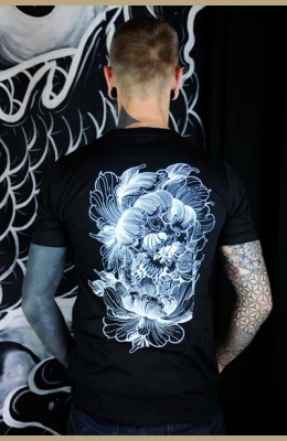 TS-FLO-NOIR Tattoo-on-move T-shirt Flower-Skull Tattooed-body-is-beautifful